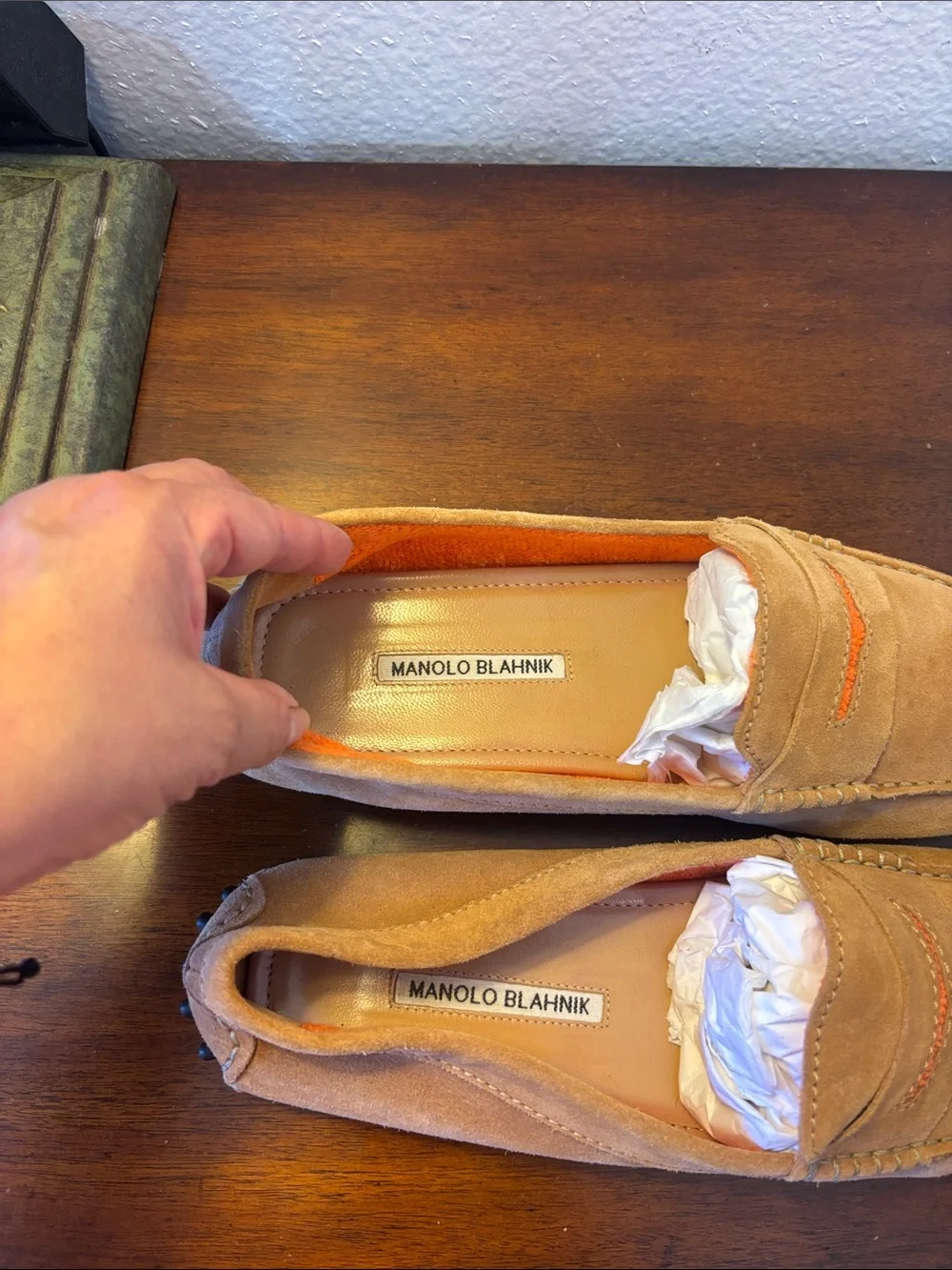Manolo Blahnik brown Suede Penny Loafers with Orange Accent